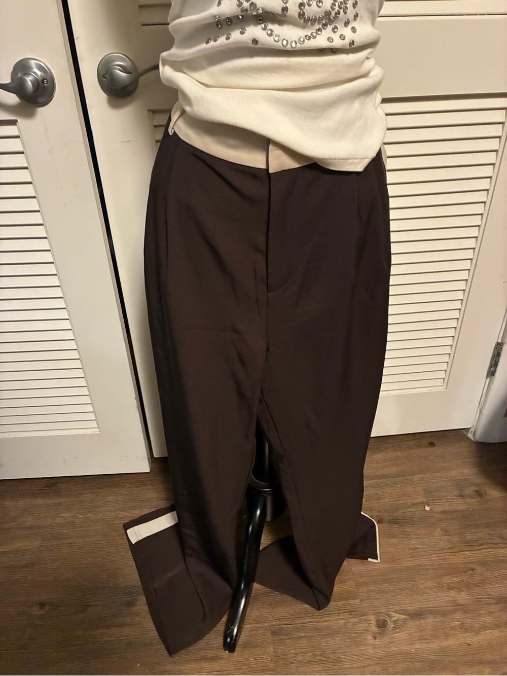 Fashion Nova Brown Wide-Leg Trousers with Cream Trim